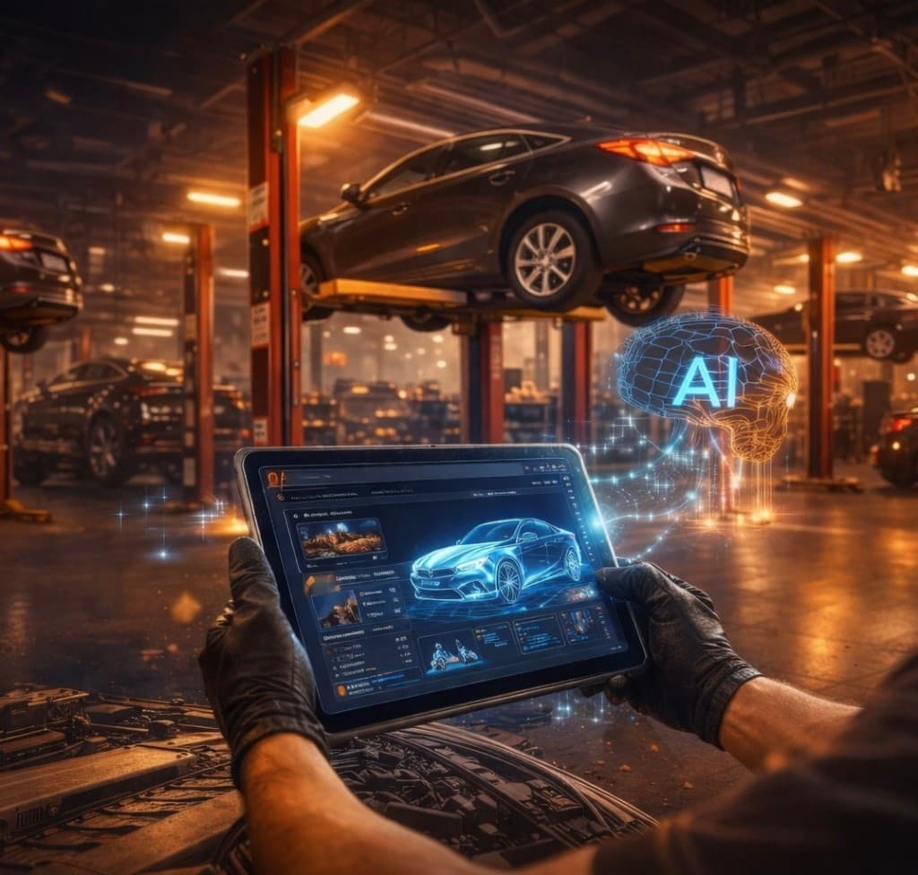 Автосервис и цифровые инструменты: планшет с интерфейсом диагностики, бокс с подъёмником и автомобилем — Мой Сервис, Усинск